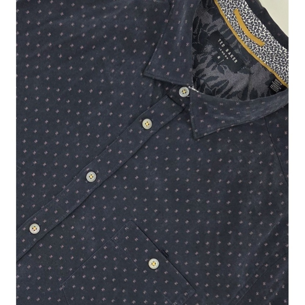 Ted Baker Shirt Men Size 6 XXL Navy Blue All Over Print Short‎ Sleeve Button Up